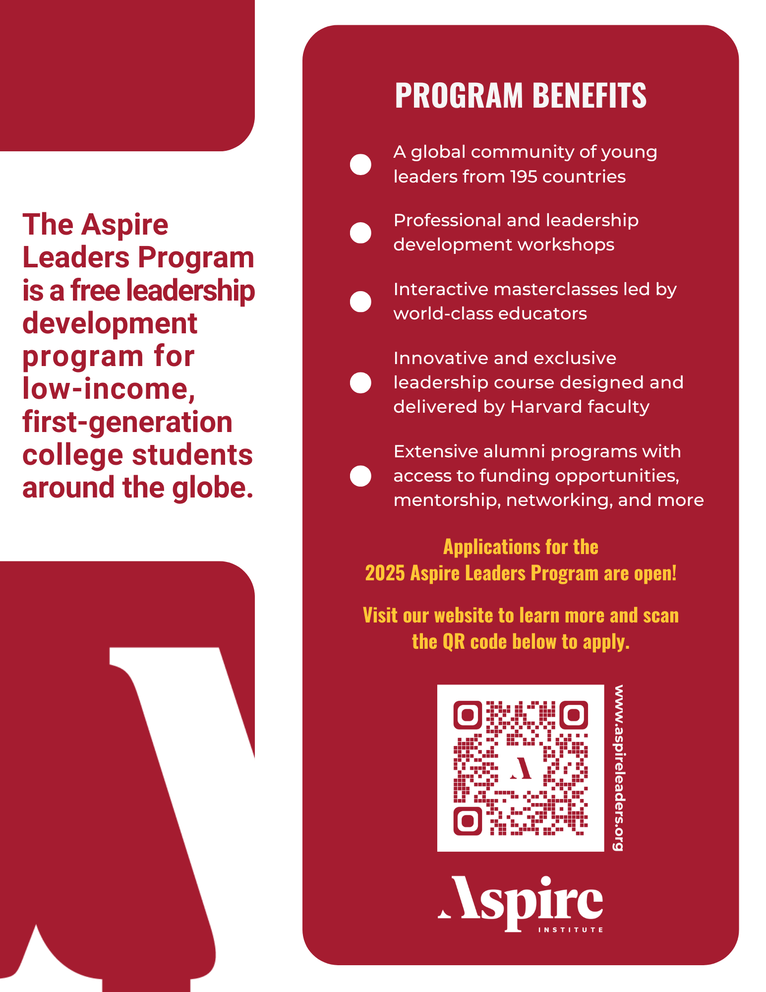 The Aspire Leaders Program is a free leadership development program for low-income, first-generation college students around the globe.