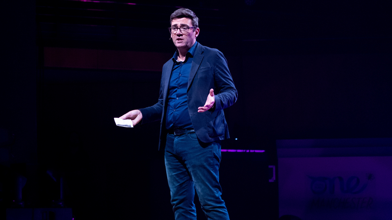 Andy Burnham, Mayor of Manchester, speaking at the opening ceremony of the One Young World Summit Manchester, 2022